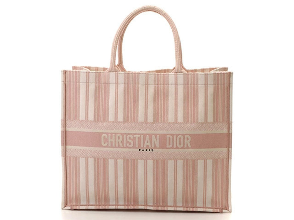 Christian Dior Book Tote Bag Striped Pink Ivory White Canvas